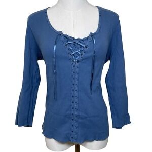 Vintage Faded Glory Lace Up Henley Top Women XL Blue Ribbed Floral Embroider Y2K